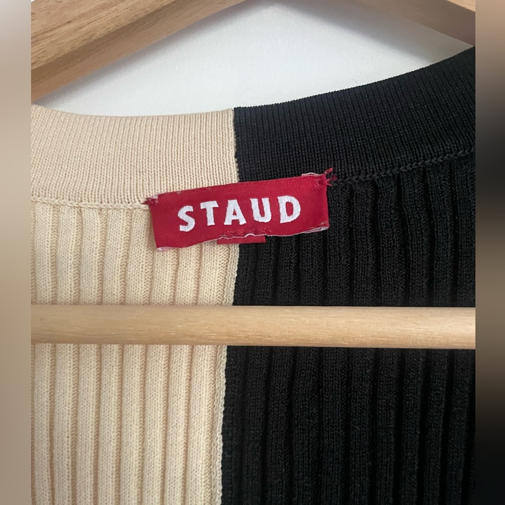 staud long cardigan dress, color block two tone! black and tan